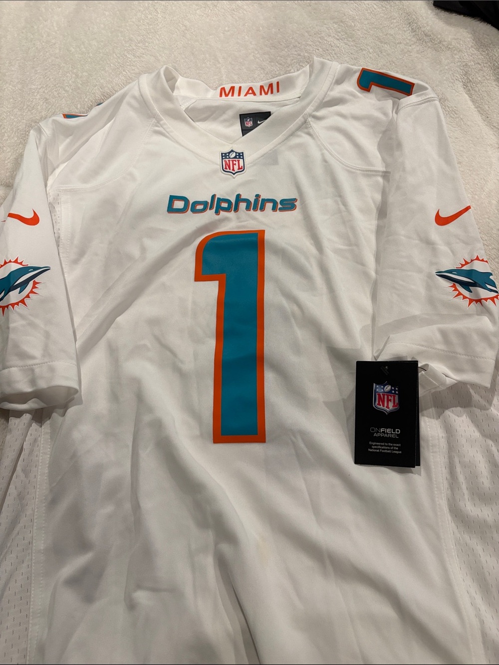 Nike Miami Dolphins White Teal and Orange #1 Jersey
